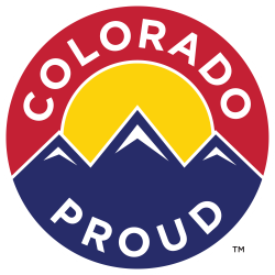 Logo of Colorado Proud, featuring a sun rising over stylized mountains with red, yellow, and blue colors, symbolizing local pride and support for Colorado agriculture and products.